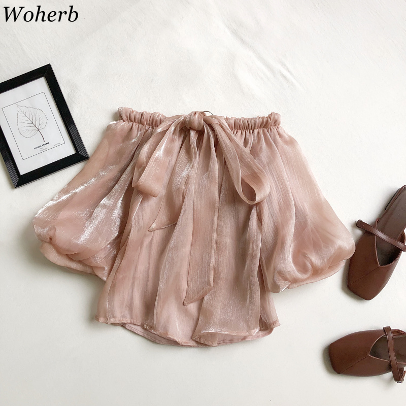 Summer Women Blouses Sweet Puff Short Sleeve Crop Lace Shirts Korean Off Shoulder Sexy Elegant Blusas Femininas 210519