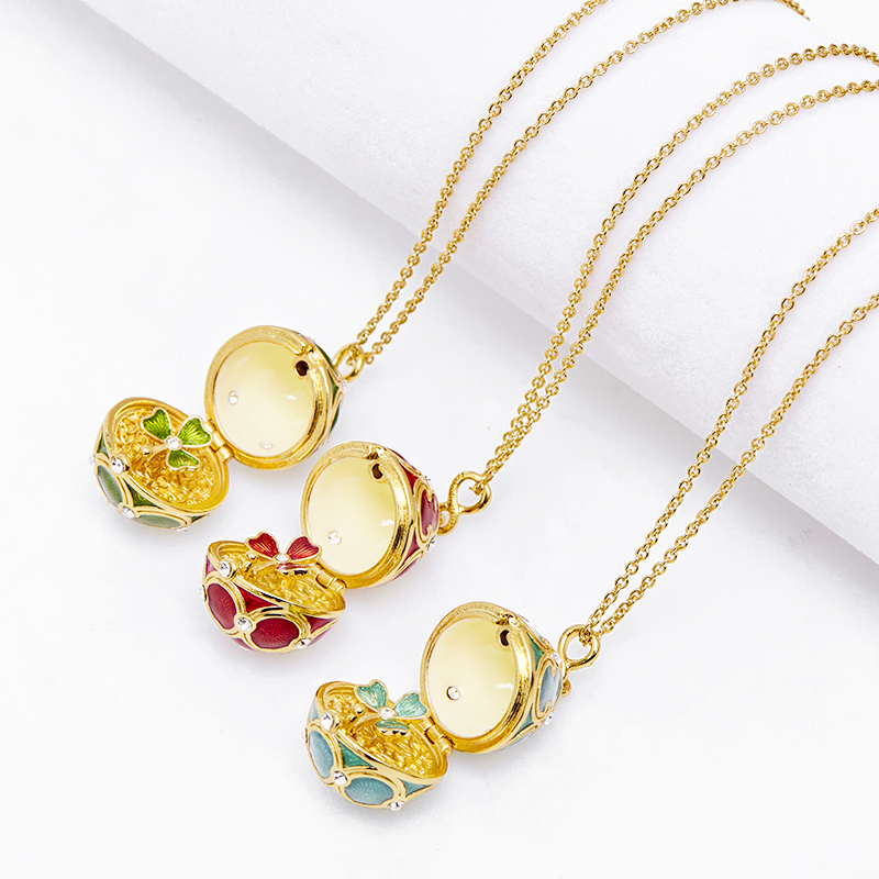 Enamel Handmade Faberge Easter Egg Pendant Necklace Jewelry Locket Brass Vintage Crystal Clover Inside Gift To Women Girls