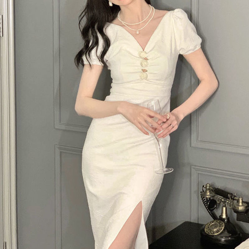 V-neck White Elegant Dress Women Short Sleeve Sexy Slim Dress Female Evening Party Dress Korean Summer Chic 210521