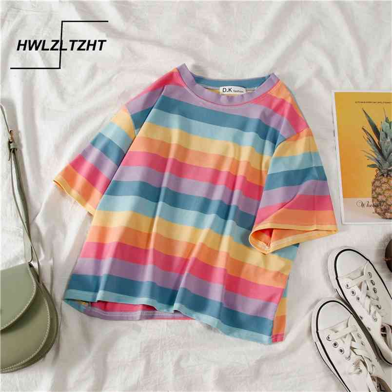 HWLZLTZHT Summer Rainbow Female Tshirt Striped Women's ShortSleeved Loose Shirt Women Cotton TShirt 210406