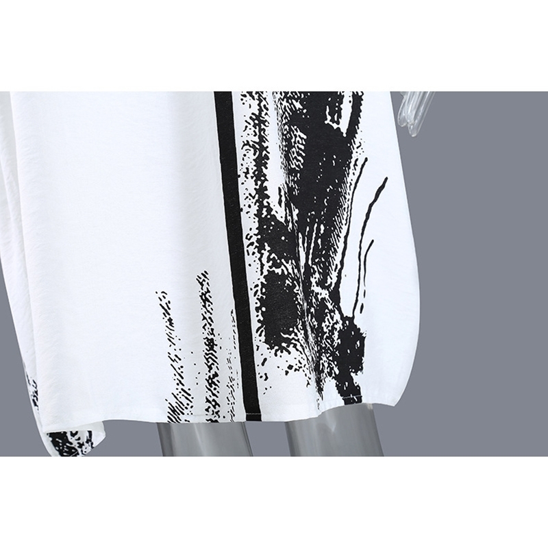 [EAM] Women White Big Size Hand-painted Dress Round Neck Short Sleeve Loose Fit Fashion Spring Summer 1DD7141 210512