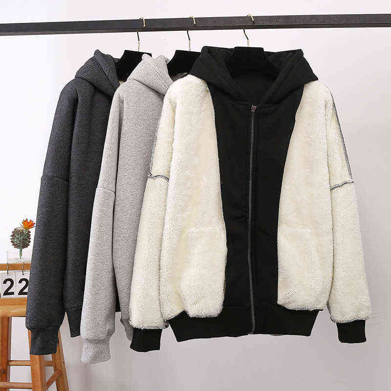Women Winter Hoodies Coat Plush Jackets Solid Color Velvet Thick Warm Coat Zipper Sweatshirt Tops Winter Plus Size Outwear 211109