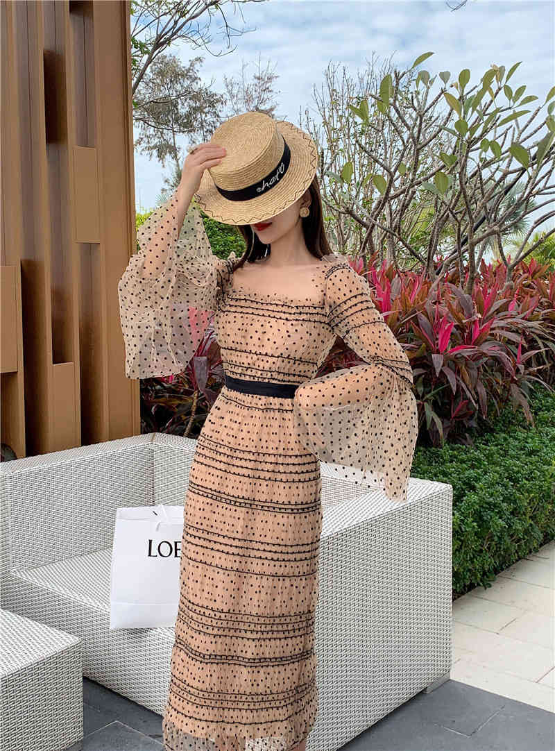 Women's Polka Dot Pleated Square Neck Flare Long Sleeve Dress Sexy Backless Runway Party Vestidos 210520