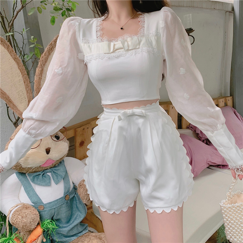 2 Piece Set Women Square Collar With Lace Puff Sleeve Short Tops + High Waist Bow Shorts Sweet Fashion Suits 210519