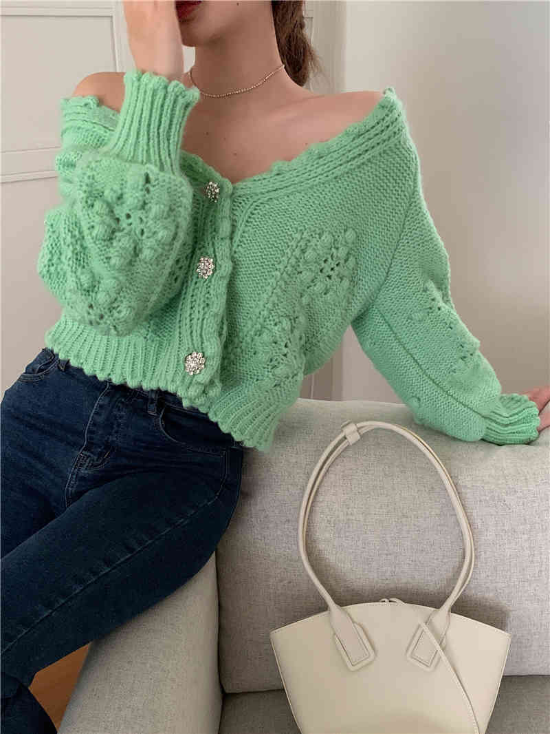 3 colors autumn korean style loose Women v neck Cardigan Sweater coat Female Outwear hollow out Knitted tops (R99442 210423