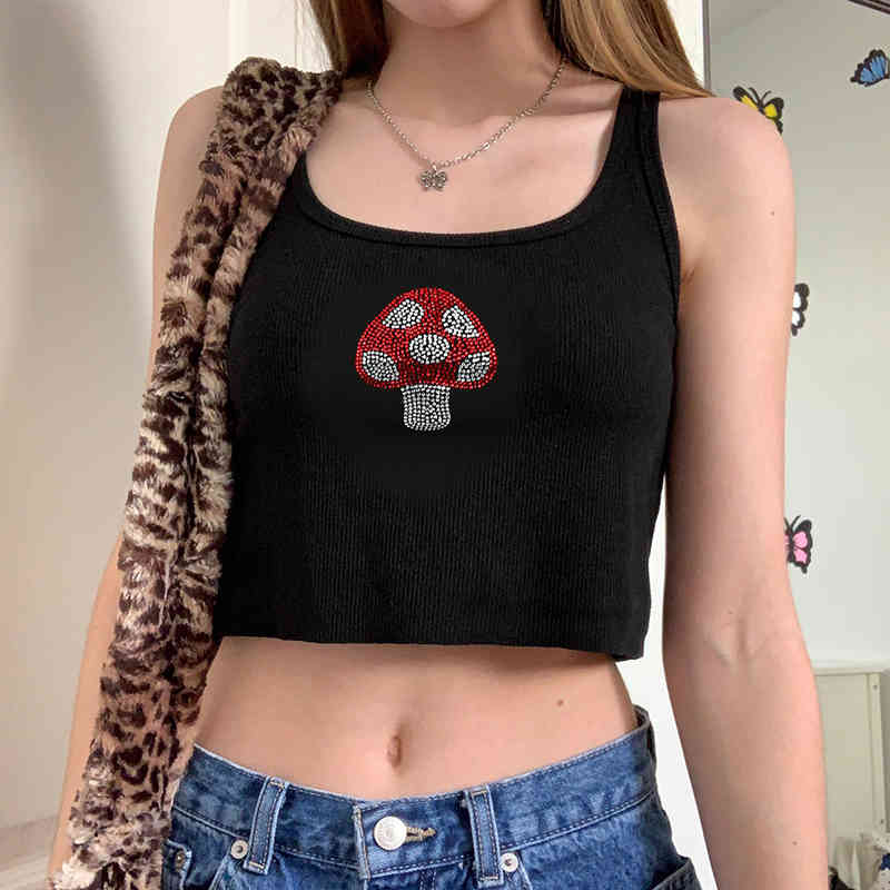 Ribbed Knit Brown Mushroom Y2K Crop Tops Women Cute Hit Summer Sleeveless Casual Tee Tank Top Vest Streetwear 210510