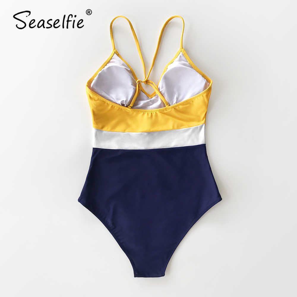 SEASELFIE Sexy Colorblock VNeck Swimsuit Women Padded Cups Monokini Beach Bathing Suit Swimwear 210702