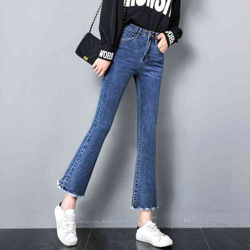 spring and summer thin womens jeans high waist flared denim pants korean style raw edge skinny vintage cropped trousers, Blue
spring and summer thin womens jeans high waist flared denim pants korean style raw edge skinny vintage cropped trousers, Blue
