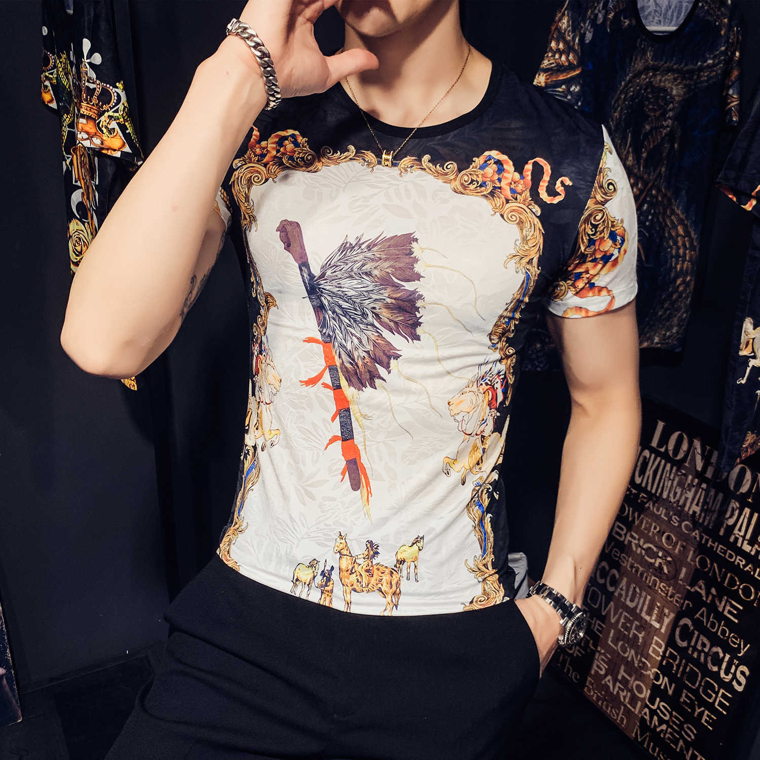 Retro Print T Shirt Men Ice Silk Breathable Short Sleeve Streetwear Tshirt Male Casual T Shirts Camiseta Masculina 210527