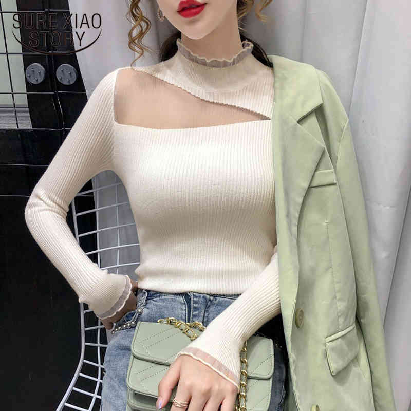 Long Sleeve Knitted Mesh Sexy Women Sweaters Autumn Korean Solid Vintage Sweater Jumper Sweter Damski 11589 210415