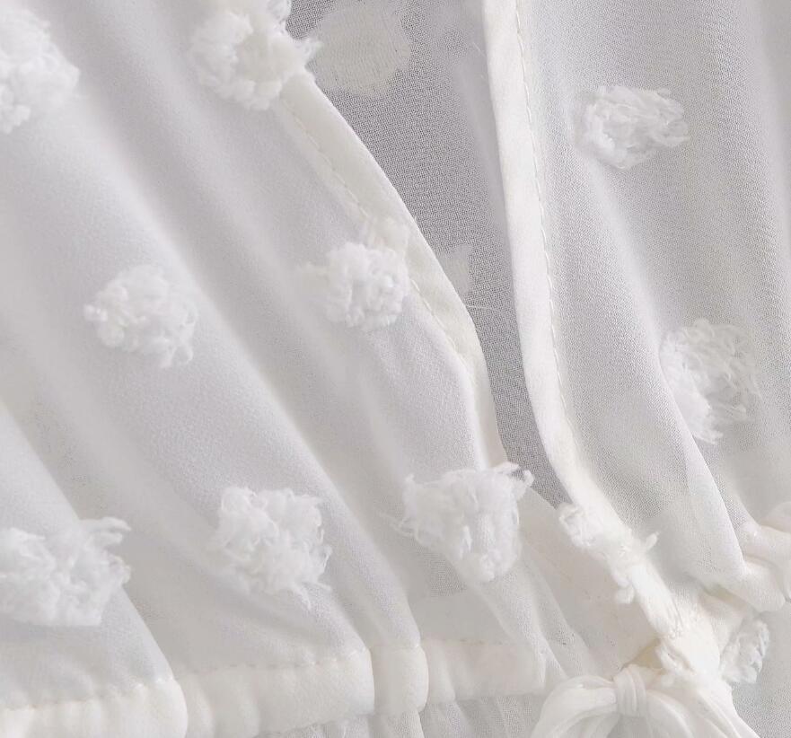 Vintage Tie Bow Lacing up Adjust Bandage 3D Dot Voile Cardigan Blouse White Women Flare Sleeve Holiday Crop Shirt Tops 210429