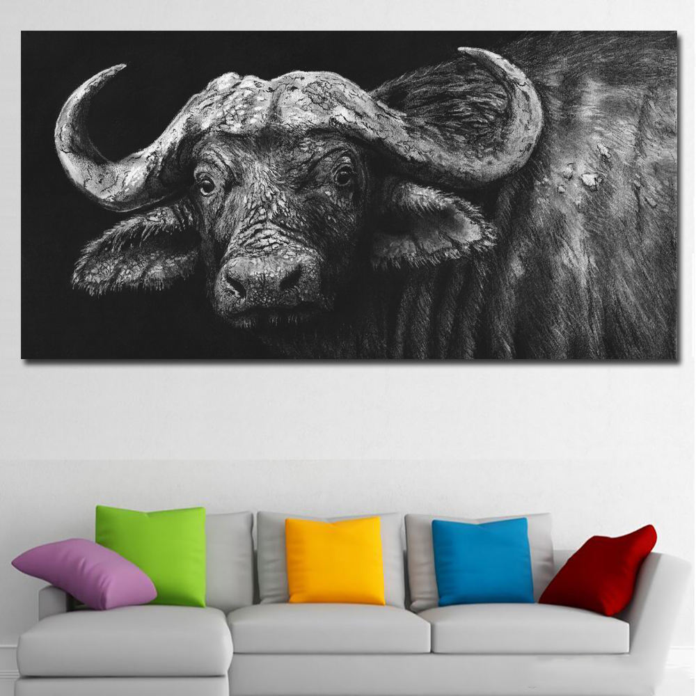 Modern wall art buffalo in charcoal cropped Black Painting Prints on canvas No frame Pictures Home Decor For Living Room