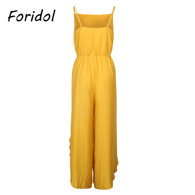 Foridol Drapped Neck Strap Wide Leg Loose Jumpsuits Romper Playsuits Women Summer Casual Beach Slit Yellow Cotton Overalls 210415