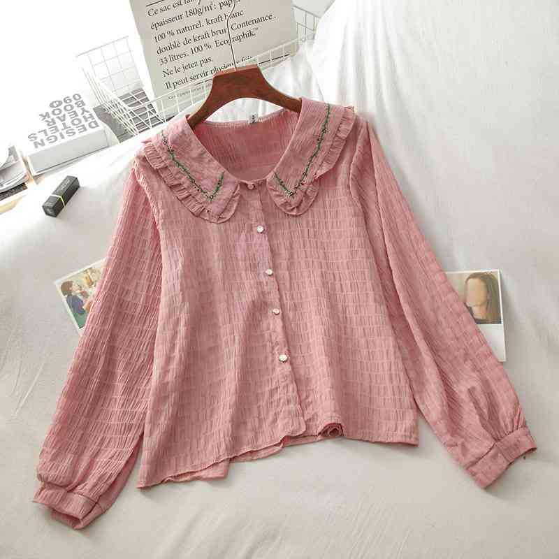 Kimutomo Chic Fungus Embroidered Blouse Female Peter Pan Collar Spring Long-sleeved Single Breasted Shirt Elegant Casual 210521