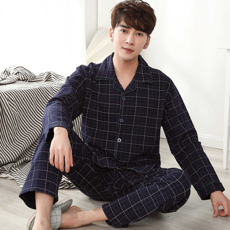 Winter 100% Cotton Pajamas For Men Blue Sleepwear Fashion Warm Pyjama Homme Cotton Pijamas Hombre Invierno Cotton Plaid Pyjamas 210812