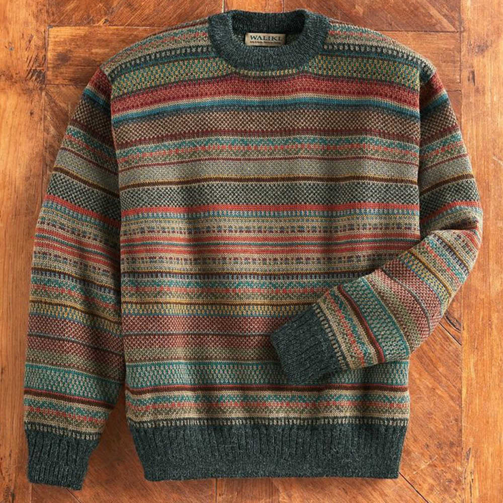 Sweater Men Spring Autumn Printed Knitted Tops Long Sleeves Retro Casual Style Stripe Pullover Jumpers Male Warm 210809