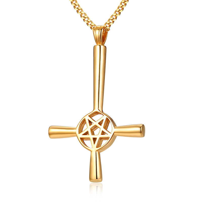Black Silver Gold Inverted Five-pointed Star Cross Necklace Stainless Steel Fashion Lucifer Satan Symbol Pendant 24 inch