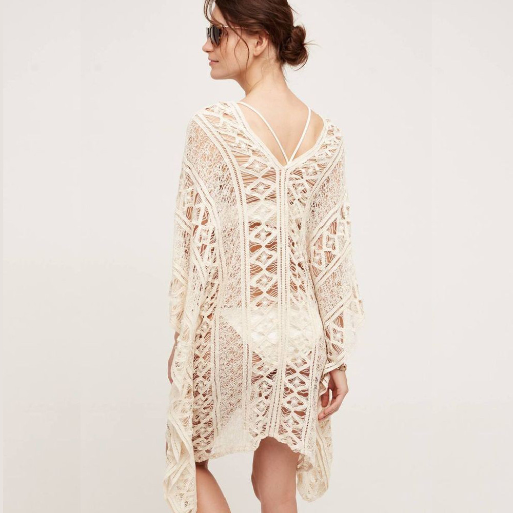 Sexy Hollow Out Bats Sleeve Summer Dress Beach Cover Up Plus Size Women Beachwear White Lace Tunic Bikini Cover-ups Q889 210420