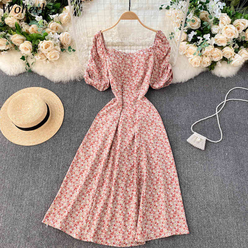 Women Floral Print Dress Summer Sexy Square Collar Korean Chic Dresses Ladies Elegant Vintage Midi Vestido De Mujer Robe 210519