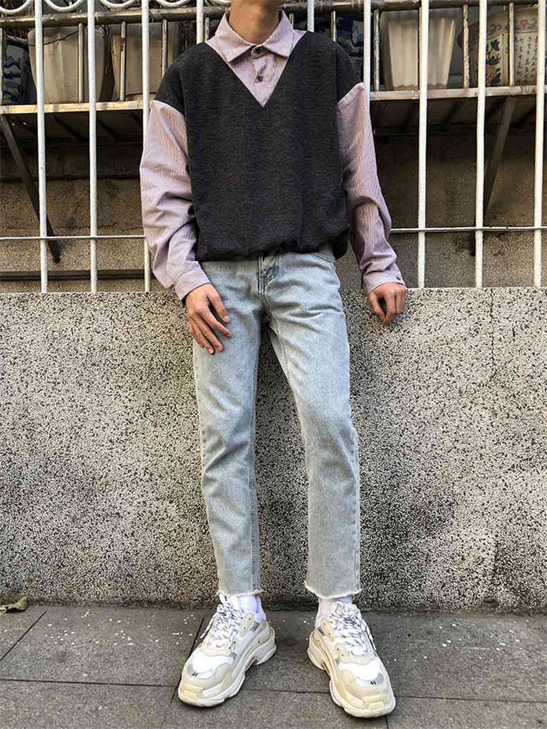 IEFB /men's Wear False Two Pieces Shirts Male Spring Color Block Korean Fashion Pullovers Tops Loose Personality 9Y1056 210524