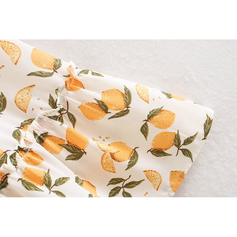 Vintage France V neck Orange Lemon Print Wrap Dress Holiday Woman Tie Bow Waist Short Sleeve Slit Midi Tea Dresses 210429