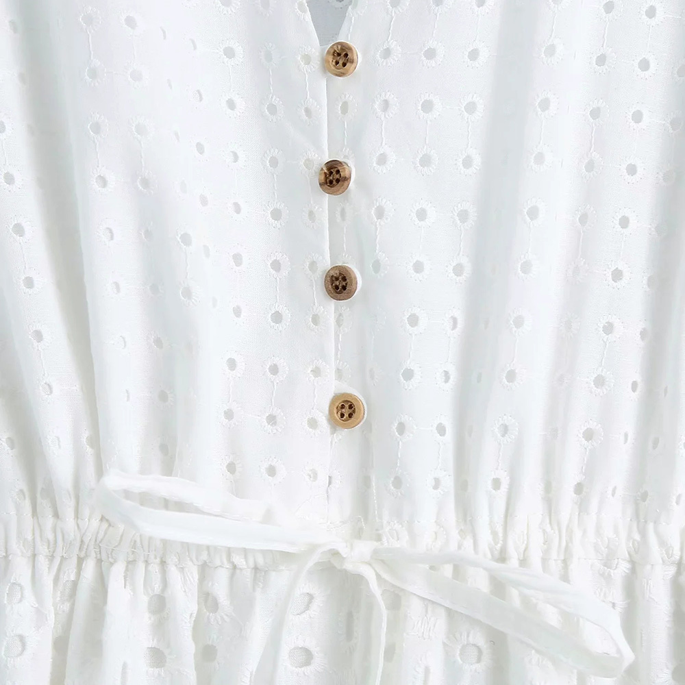 BBWM Women Summer White V-Neck Dress Sleeve Buttons Bow Tie Slim Casual Female Elegant Party A-Line Dresses Clothes Vestidos 210520