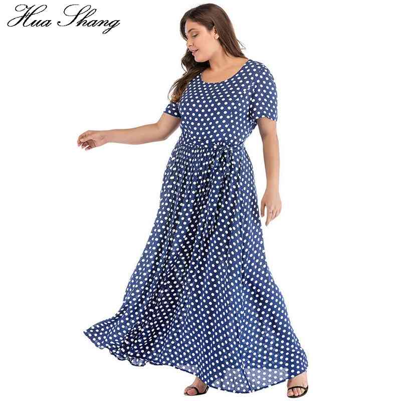 Plus Size Dress Women Summer Short Sleeve Polka Dot Print Boho Beach Dresses Belted Ladies Tunic Loose Oversized Maxi Long Dress 210409