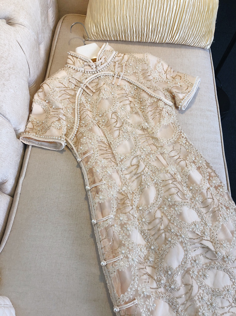 Spring Autumn Short Sleeve Haute Couture Applique Beading Buttons Dress Chinese Elegant Cheongsam Dress 21G241718