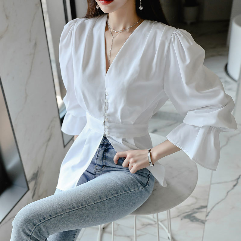 Long sleeve Autumn Clothes Women's shirt Sleeve irregular Blouse Shirts Cotton V Neck White Bow Women Tops 94H 210420