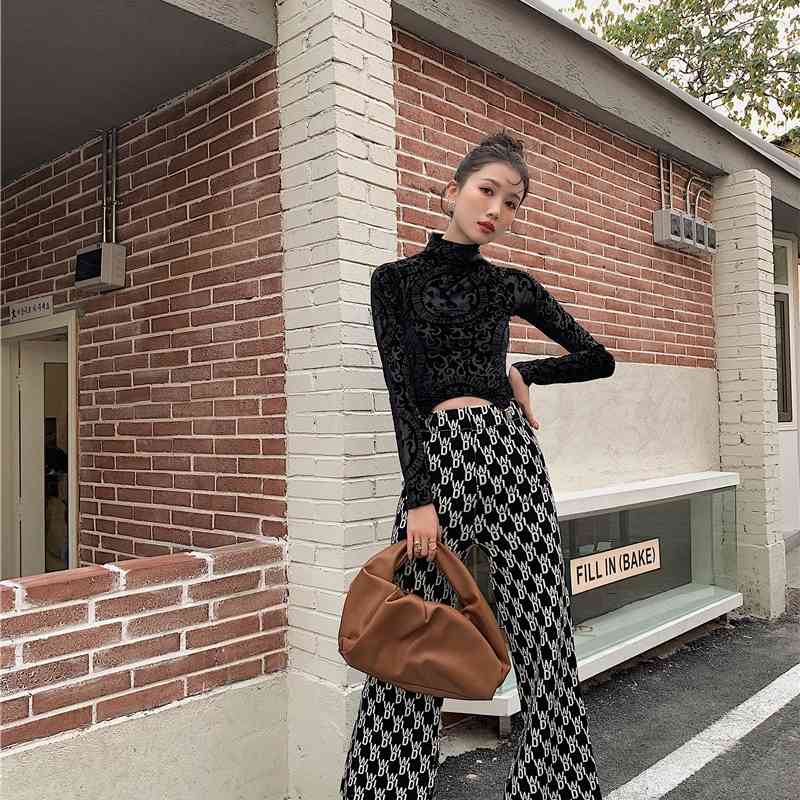 Dragon Print Asymmetrical Velvet Crop Top Long Sleeve T Shirt Turtleneck Women Bodycon Tee Shirts Fashion Ladies 210427