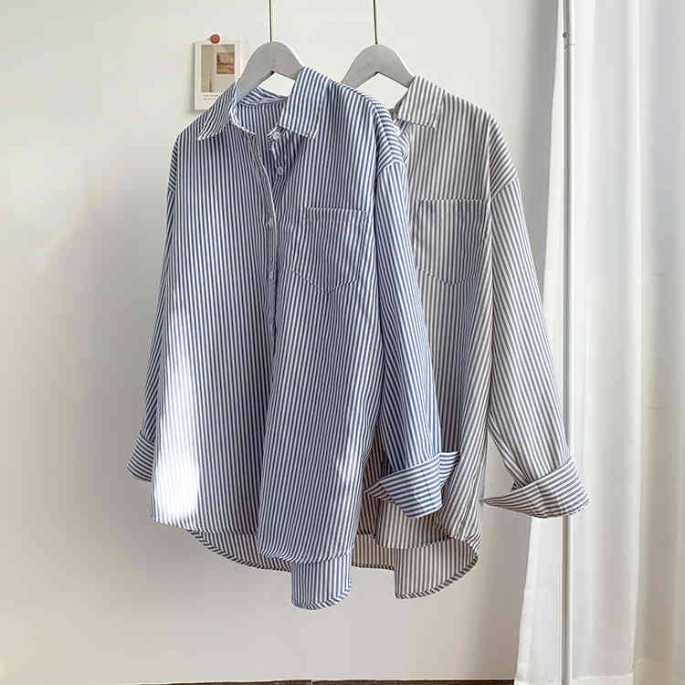 Office Ladies Striped Shirt Blouses Women Casual Cotton Female Shirts Tops Single-breasted Loose Blouse Femme Blusas 13057 210427