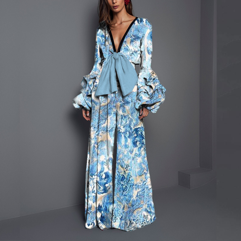 Women Jumpsuit Bow Flared Sleeves V-neck Rompers Womens Vintage Casual Plus Size Print s Fashion 210513