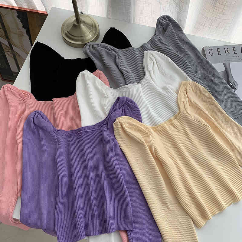 Vintage Puff Sleeve Cropped Knitted Sweater Women Korean Chic Solid All Match Stretch Slim Knitwear Spring Jumper 210519
