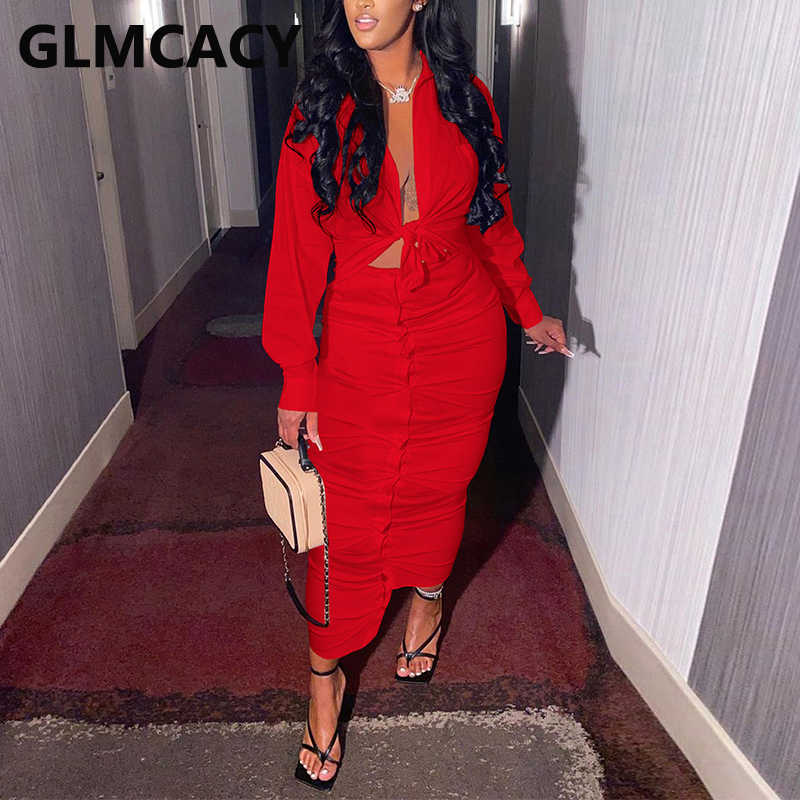 Two Piece Casual Dress Suits Long Sleeve Tie Front Shirt & Button Down Maxi Skirt Set 210702