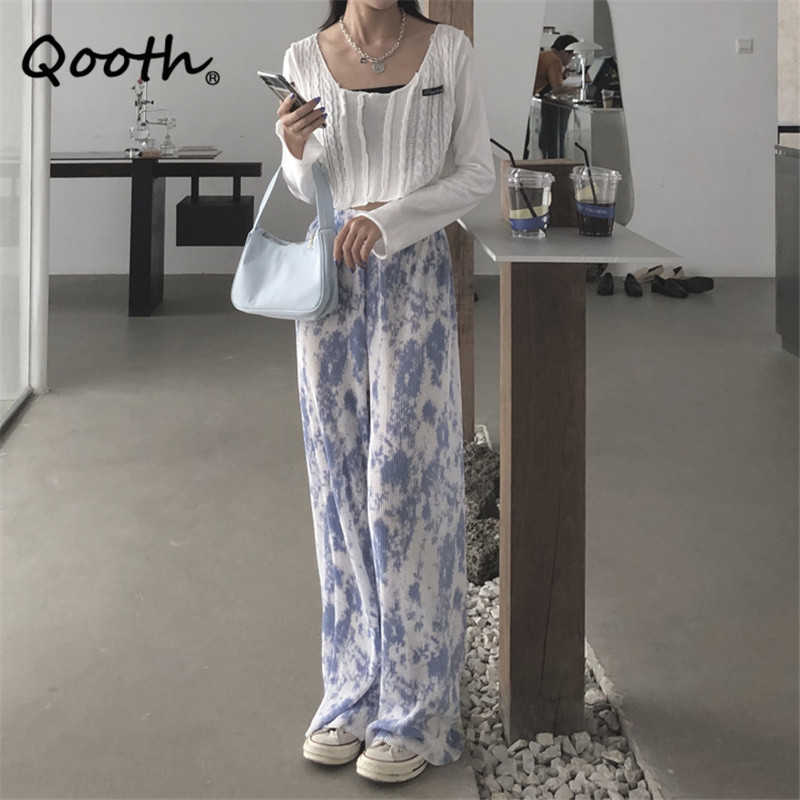 Qooth Pleated Printed Wide Leg Pant's Summer High Waist Casual Retro Thin Straight Long Elastic QT662 210609