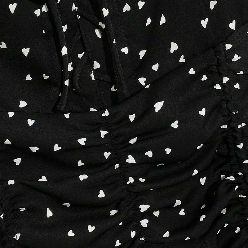 Foridol heart dot print ruched dress bodycon black autumn dress women vintage sleeve lace up ruffle party short dress vestidos 210415