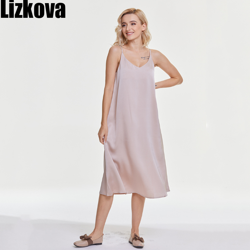 Lizkova Summer Satin Dress Women V-neck Sleeveless Vestidos Green Spaghetti Strap Robe Strap Adjust 210331
