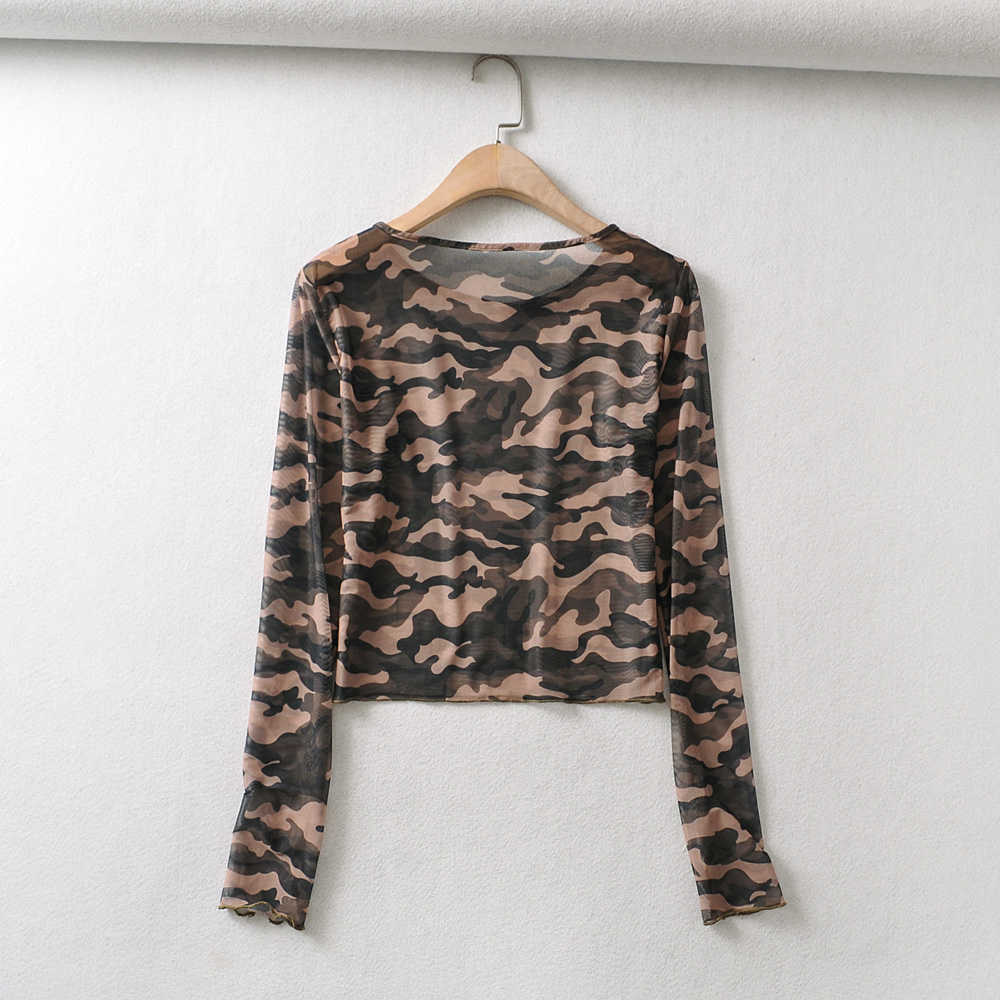 XITIMEAO Womens Spring Autumn Lightweight Camouflage Printing Crop Tops Comfort Skinny Long Sleeve Sexy Mesh Perspective T-Shirt 210602