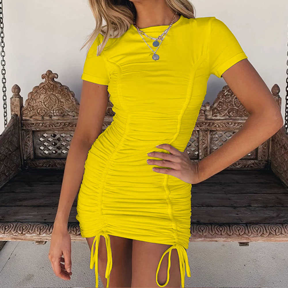 Jocoo Jolee Summer Short Sleeve Drawstring Slim Mini Bodycon Dress Elegant White Ruched Pleated Bandage Dress Party Club Dress 210619wtt