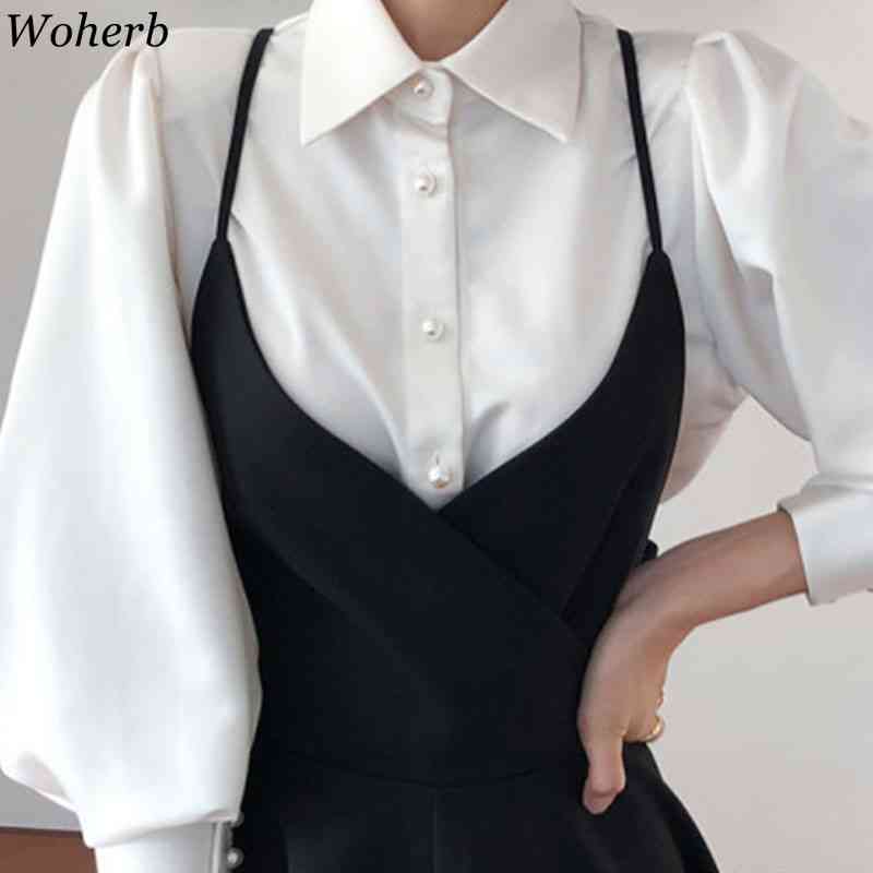 Women Dress Korean Elegant Suit Puff Sleeve White Shirt High Waist Backless Chic Two Piece Sets 4H894 210519