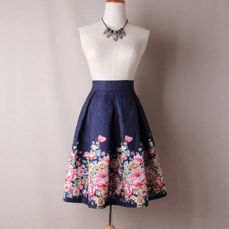 Neophil Ladies Jacquard Flower Print Pleated Ball Gown Skater Midi Skirts Vintage Floral High Waist Saias S1532 210621