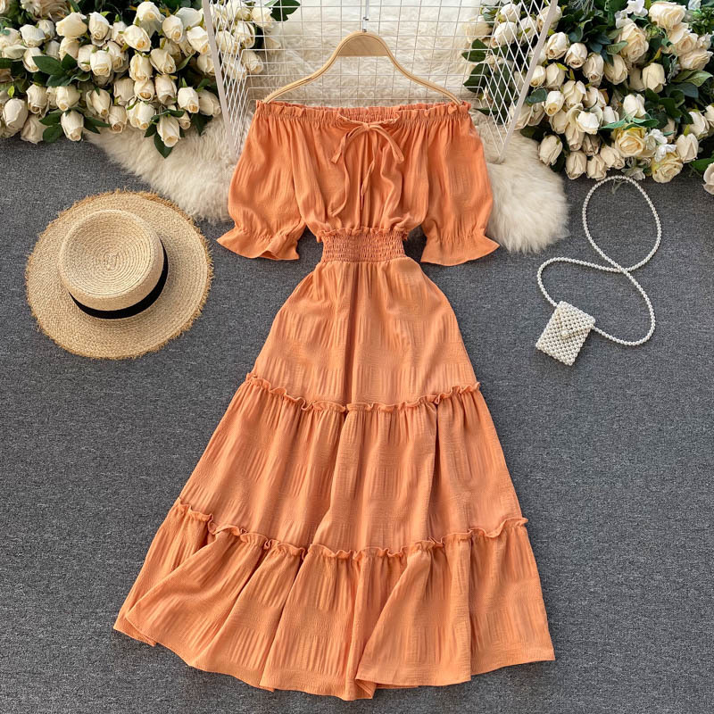 Women Slash Neck Elastic Waist Dress Solid Color Short Sleeve Sexy Holiday Style Slim Fashion Spring Summer 11B733 210525, Orange-red
Women Slash Neck Elastic Waist Dress Solid Color Short Sleeve Sexy Holiday Style Slim Fashion Spring Summer 11B733 210525, Orange-red