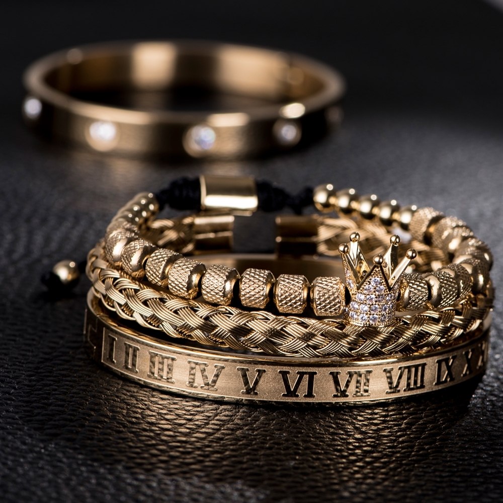 3pcs/set Luxury Micro Pave CZ Crown Roman Royal Charm Men Bracelets Stainless Steel Crystals Bangles Couple Handmade Jewelry Gift
