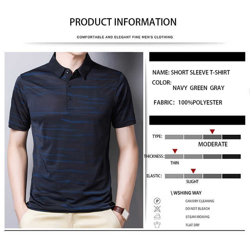 BROWON Fashion Striped Men Tshirt SummerThin Breathable Turn-down Collar Male Tees Short Sleeve Business Work Plus Size Tops 210707