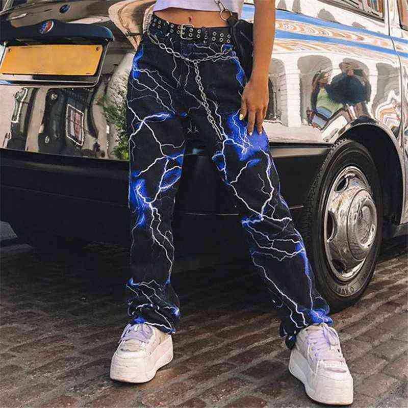Fashion Cute Slim Print Lightning Contrast Color Slippy SML High Waist Woman Casual Pants Trousers Gothic Y2k Joggers 211115