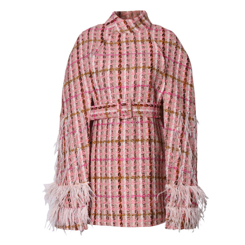 VGH Vintage Plaid Jacket For Women Stand Collar Long Sleeve Splicing Feather Elegant Jackets Female Fashion New Clothing Fall 210421