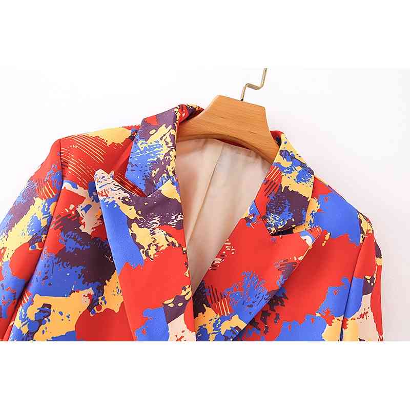 fashion women scrawl print blazer office ladies pocket jackets casual female double breasted suits girls chic sets 210430