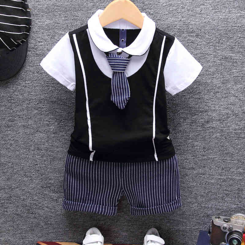 Boy Set Summer Cotton Baby Kid Clothing Formal Birthday Party Clothes Suit T-shirt+Pant+Tie 3Pcs Children's 210515