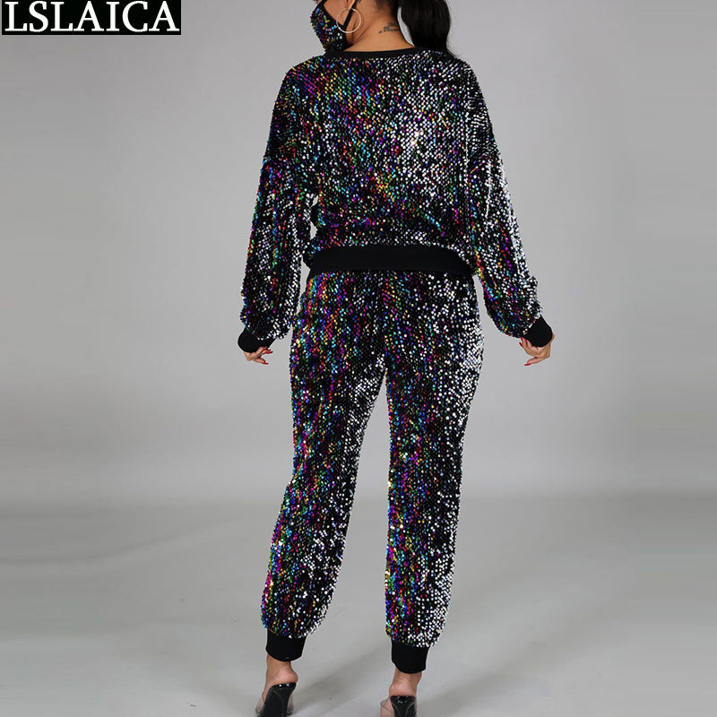 Fall Clothes for Women 2 Piece Set Fashion Bling Sequin Long Sleeve Tops and Full Length Pants Sets with Mask Club Outfits 210515