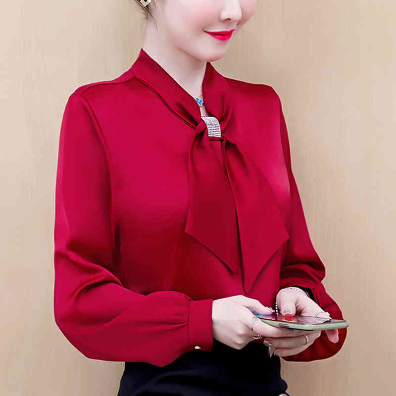 Elegant Women Long Sleeve Blouse Blouses Spring Autumn OL Style Shirt Fashion Rhinestone Ribbon Tops Blusas 10317 210427